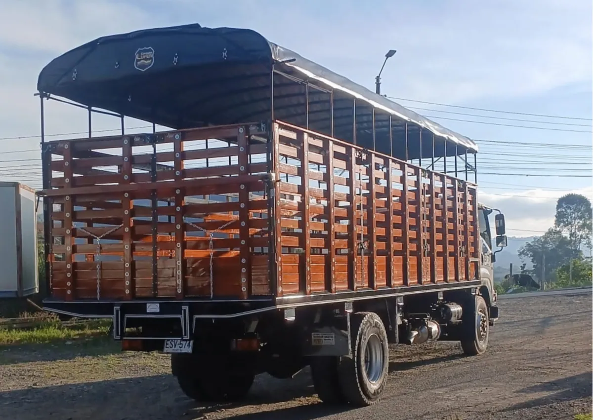 Vista trasera de un camión con carrocería en madera y carpa azul