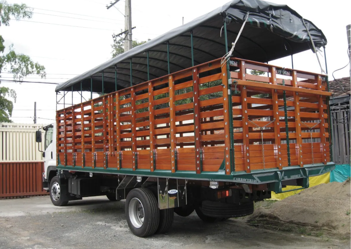 Vista trasera de un camión con carrocería en madera y carpa