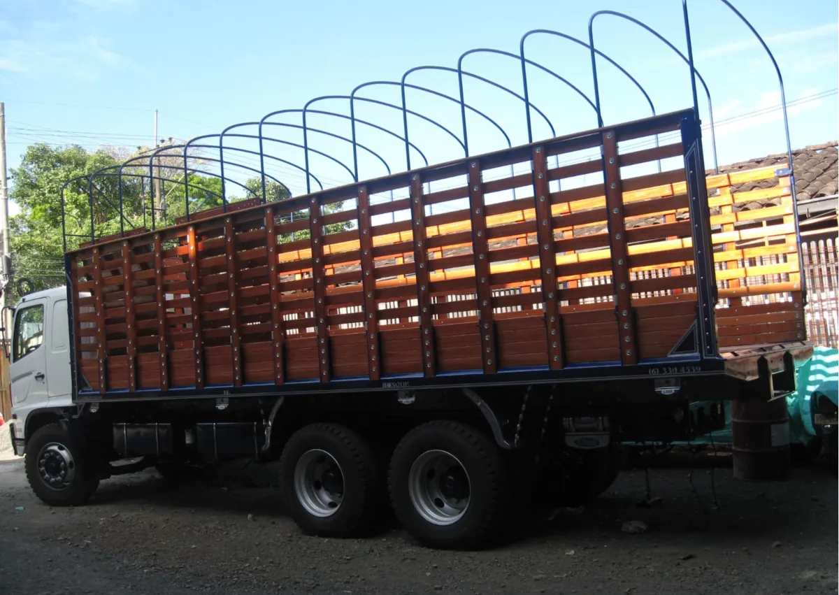 Camión de doble eje con carrocería en madera y arcos azules
